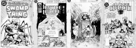 Death comes a calling! strike the DC Universe/ Covers! Swampthing #19 cover, Arcane dies, by Tom Yeates; Justice League #40 cover death of Mr Miracle by Adam Hughes; Hawk & Dove #26; Judge Dredd #11 funeral by Wiliams III